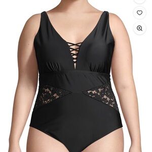 Terra & Sky Women’s‎ Plus Size Palm Crochet Lace Cutout Solid One-Piece Swimsuit